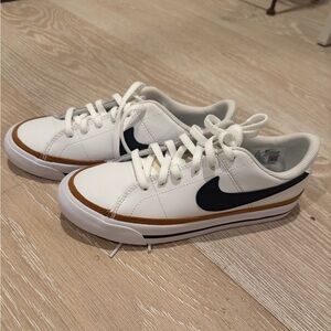 Brand New Nike Court Legacy White Sneakers with Black Swoosh and Brown Accents
